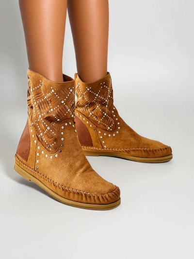 Royalfashion Dámské kotníkové boty s nízkým klínem a hřebíky Indický styl