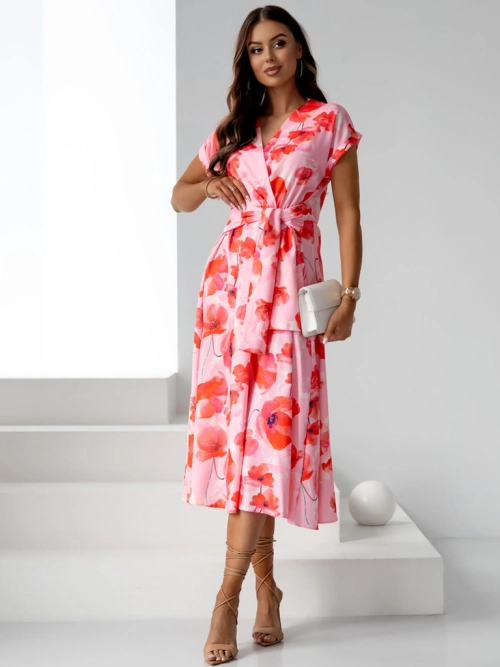 Royalfashion Жіноча міді-сукня з коротким рукавом, обгорткою на шиї в весняних квітах