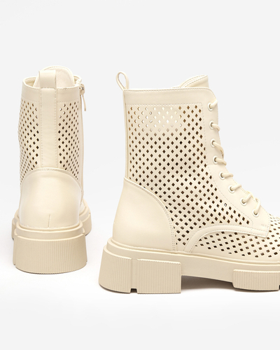 Prolamované béžové dámské kozačky na plochých podpatcích Rolika - Footwear