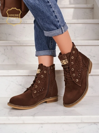 Aurelia Коричневі Замшеві Ботильйони з Хутром Ажурні Елегантні 2,5 см