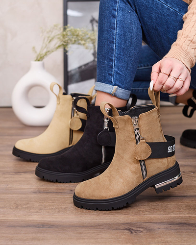 Royalfashion Hnědé kozačky z ekokůže s páskem a zipy Redmisala