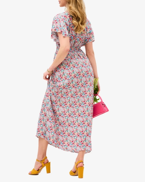 Жіноча міді-сукня квіткового бежевого кольору з конвертовим вирізом - Одяг