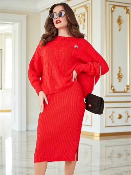 Royalfashion Набір жіночий з акрилу, сплетений з шерсті, з кофтою і спідницею Warm&Fuzzy