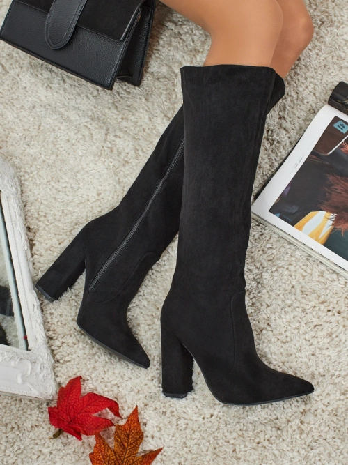 Жіночі ботфорти з екозамші на підборах-стовпчику Feravi