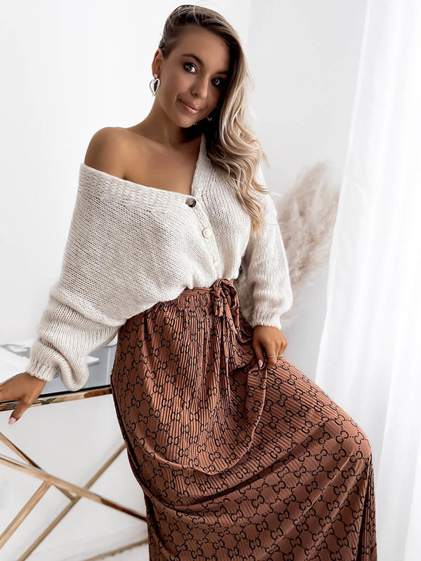 Hnědá dámská plisovaná vzorovaná maxi sukně - Oblečení