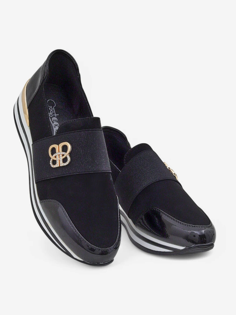 Dámské slip-ony Elektra Nero se zlatým akcentem, ekologická kůže, 3,5 cm