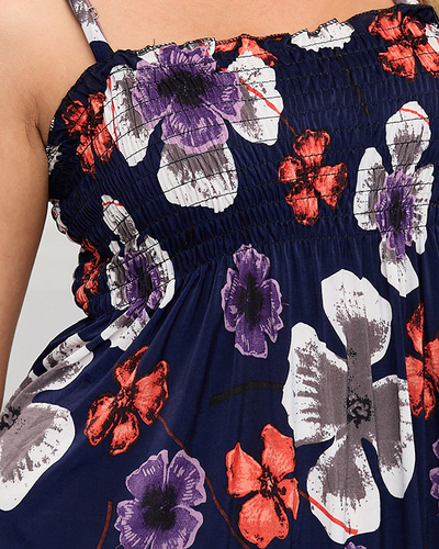Темно-синє коротке плаття з квітковими бретелями - Одяг