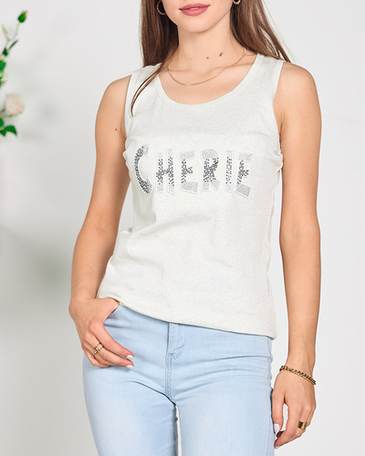 Světle šedý dámský top s nápisem a kubickými zirkony - Oblečení