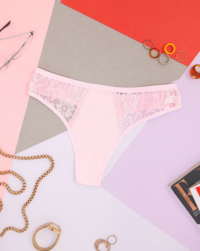 Růžová bavlněná dámská tanga s ozdobnou krajkou - Spodní prádlo