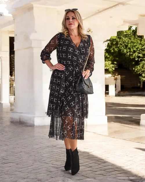 Royalfashion Чорна сукня міді в сітку з принтом