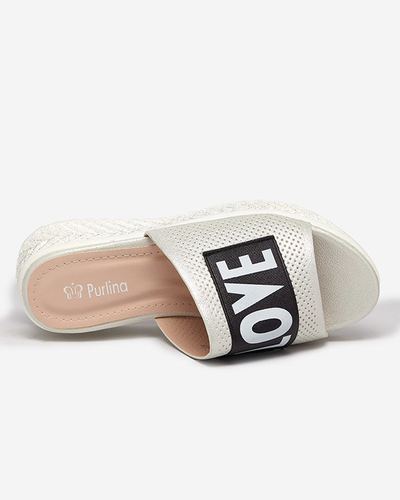 Bílé lesklé dámské pantofle s nápisem Sosha- Footwear