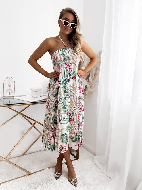 Біла жіноча сукня міді з квітковим візерунком - Одяг