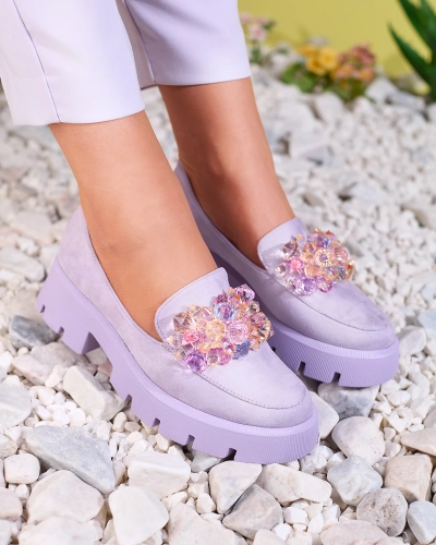 OUTLET Royalfashion Fialové dámské mokasíny s barevnými krystaly Crystal Glam