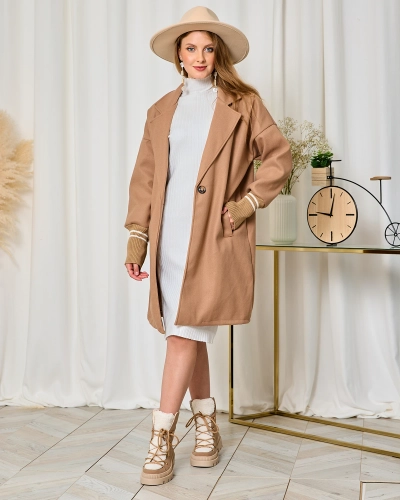 Royalfashion Dámský kabát pod kolena ve světle hnědé barvě