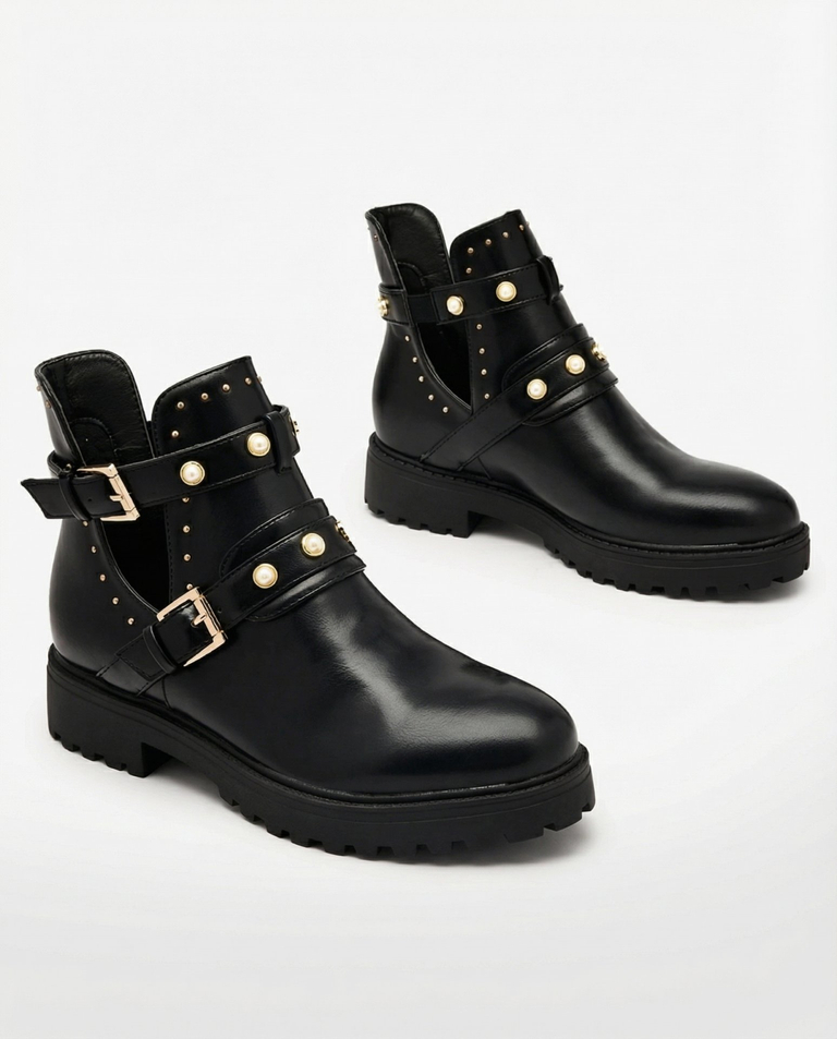 Royalfashion Černé dámské zdobené boty na podpatku Pearl Elegance