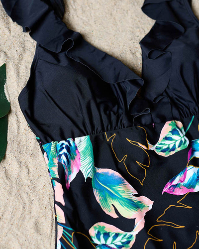 Жіночий чорний суцільний купальник з квітковим мотивом - Нижня білизна