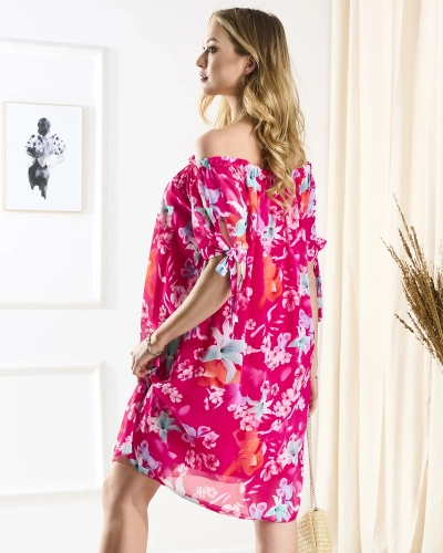 Fuchsiové dámské šaty a'la hiszpanka s barevnými květy - Oblečení