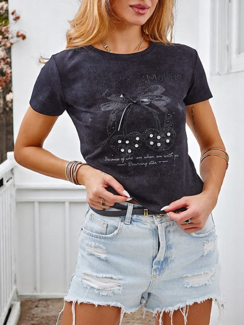 Royalfashion Жіноча бавовняна футболка з камінцями та бантом