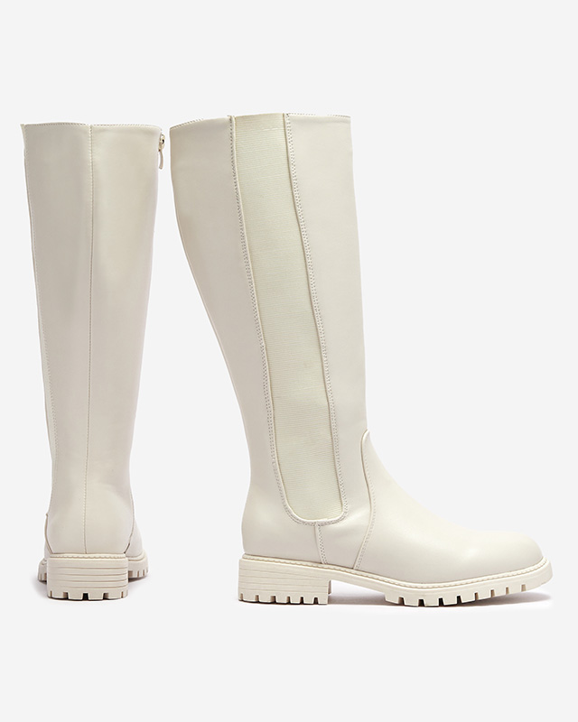 Bílé dámské kozačky nad kolena s plochým podpatkem Dexis - Obuv