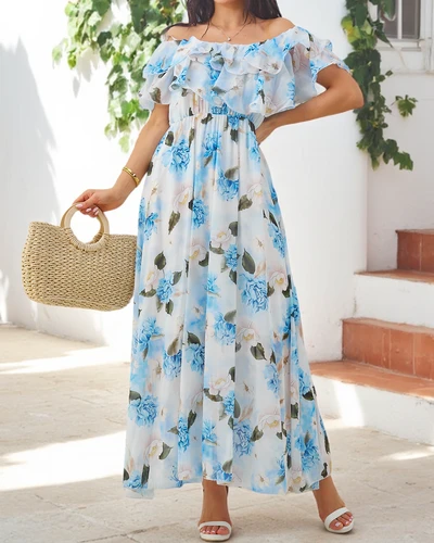 Royalfashion Жіноча сукня з відкритими плечима та короткими рукавами в різних квітах