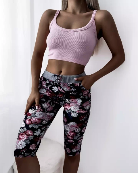 Dámské kaštanové 3/4 šortky s květinovým vzorem - Oblečení