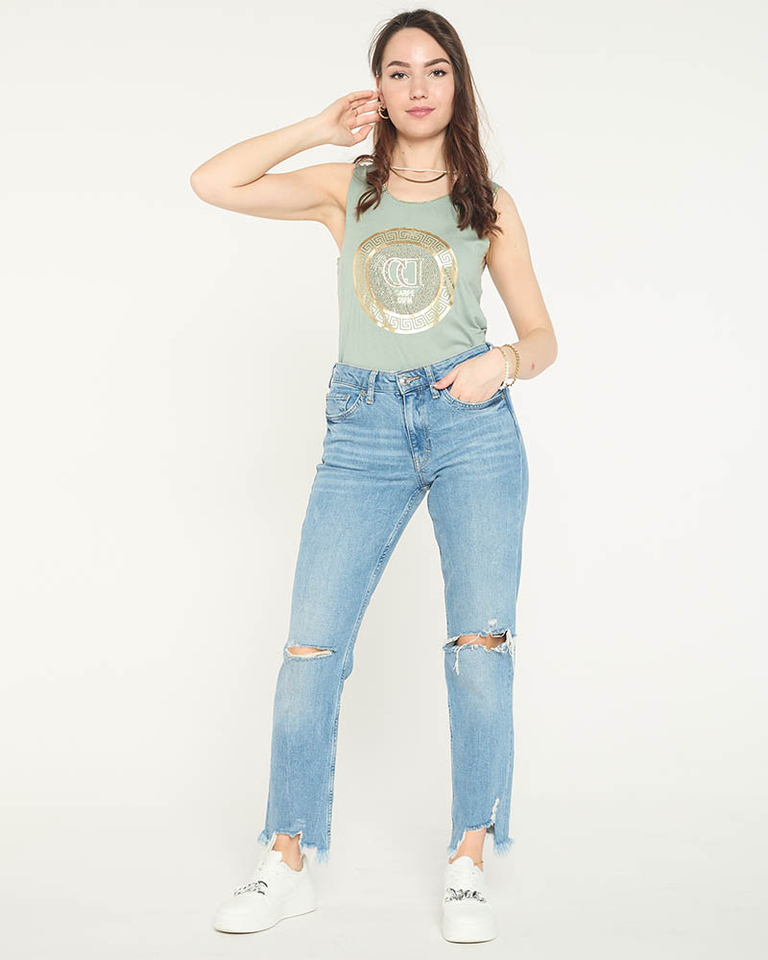 Tmavě zelená halenka na ramenou s potiskem a kubickými zirkoniemi - Oblečení