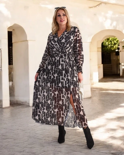 Royalfashion Чорно-бежева візерунчаста жіноча максі-сукня