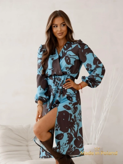 Šaty Afrodyta Blu Oceano – modré midi, dlouhé rukávy, klasický styl