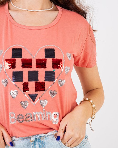 Коралова жіноча футболка з принтом