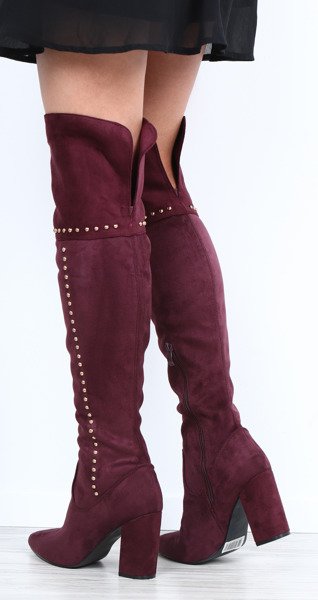 Burgundowe kozaki na słupku - Obuwie
