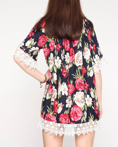 Námořnická modrá dámská halenka s květy PLUS VELIKOST - Oblečení