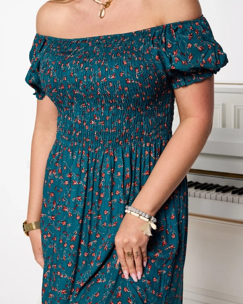 Бірюзова жіноча квітчаста сукня міді - Одяг