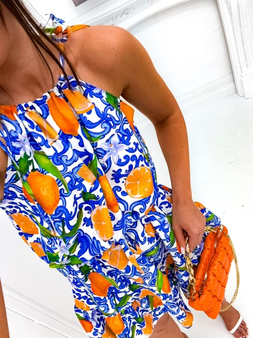 Royalfashion Жіноча міні-сукня на тонких бретелях із поясом на талії та модним помаранчевим принтом