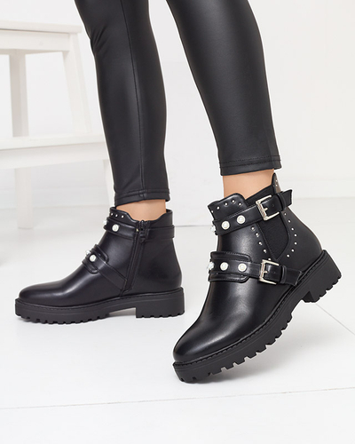 Dámské kotníkové boty z eko kůže s perličkami v černé barvě Saalo- Footwear