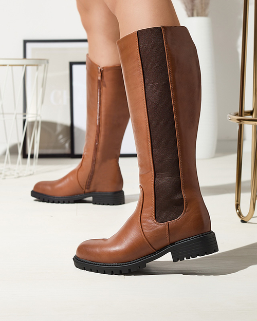 Жіночі чоботи до коліна на пласкому каблуці з верблюжої шкіри Dexis - Взуття