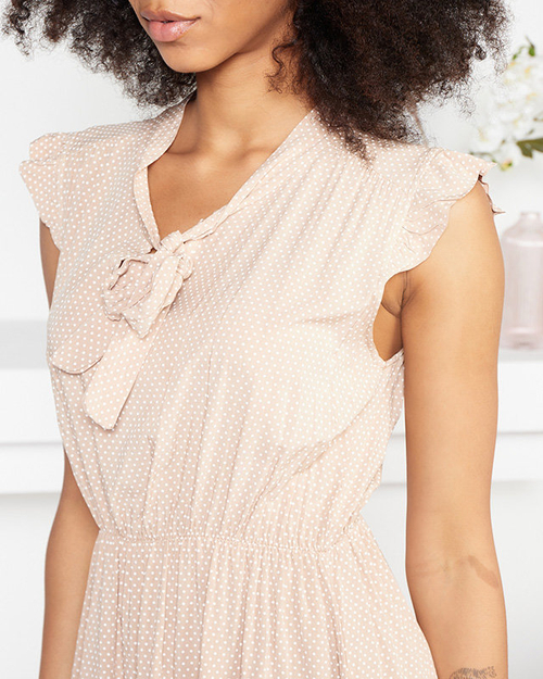 Бежеве жіноче плаття в горошок із зав'язаним вирізом - Одяг