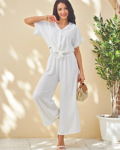 Royalfashion Dámský set s uvázanou krátkou košilí a rozšířenými kalhotami s kamínky