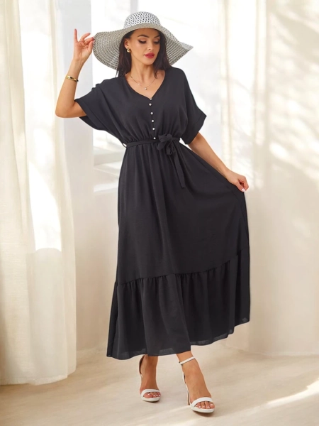 Royalfashion Dámské midi šaty s krátkým rukávem a dekorativními knoflíky