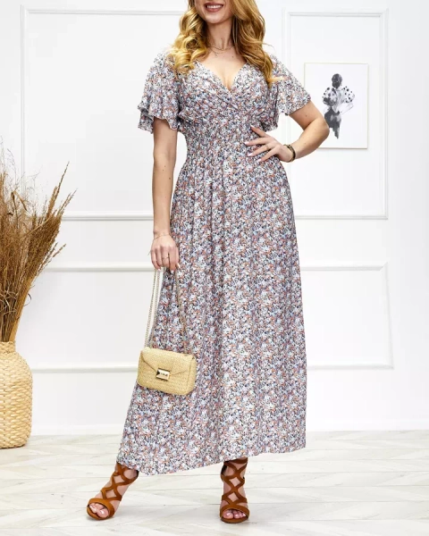 Dámské květinové midi šaty v modré a oranžové barvě - Oblečení