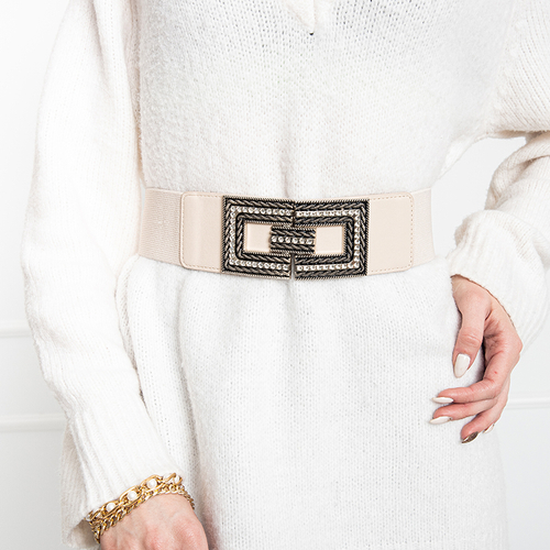 Бежевий жіночий ремінь зі срібною пряжкою й стразами