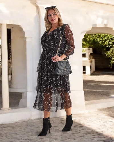 Royalfashion Černé síťované midi šaty s potiskem