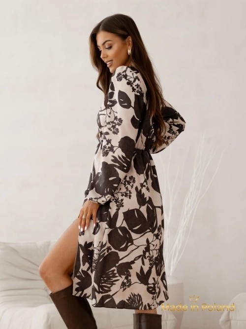 Сукня Melania Botanica – коричнева міді з довгим рукавом, декоративний візерунок