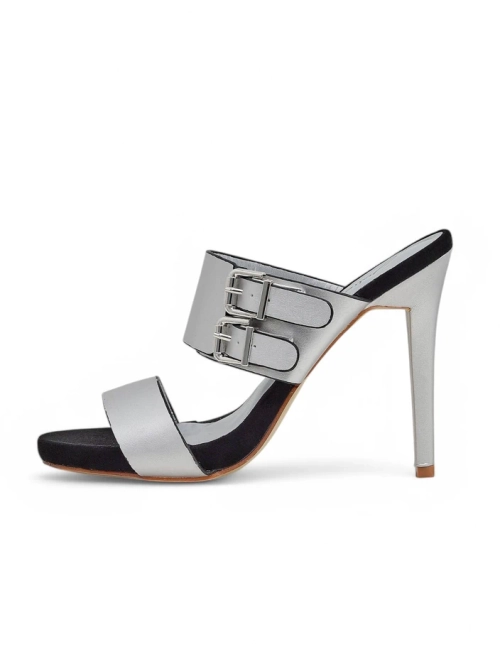 Босоніжки Aletheia срібні на шпильці 12см екошкіра з ремінцями