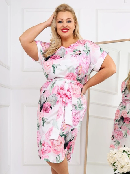 Royalfashion Dámské šaty po kolena s krátkými rukávy a růžovým vázáním