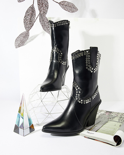 Жіночі чорні чоботи ковбойки на стійці зі сріблястими стразами Daksiti - Взуття