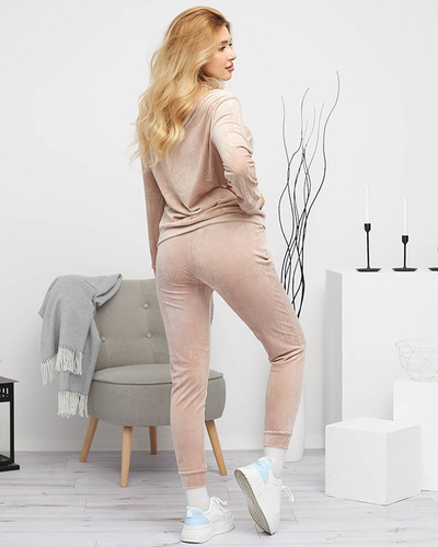 Béžová dámská tepláková souprava s potiskem a perličkami - Oblečení