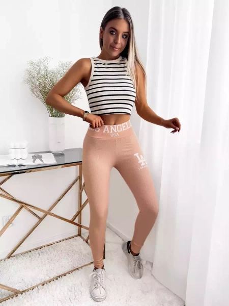 Dámské pudrované žebrované legíny s nápisy - Oblečení