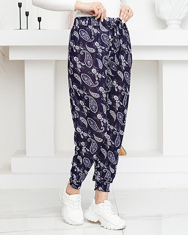 Námořnicky modré a bílé dámské kalhoty s potiskem - Oblečení