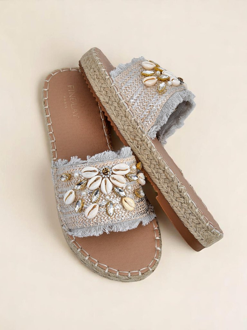 Жіночі сандалі Perseida Royalfashion срібні з мушлями на плоскій підошві