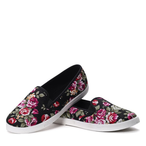 Czarne tenisówki typu slip on w kwiaty - Obuwie